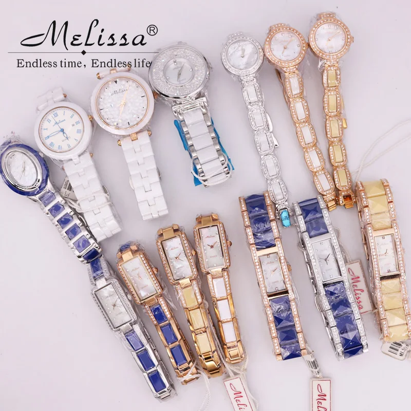 Распродажа! Скидка Мелисса Кристалл Стразы женские часы Япония Mov't Мода часов керамический браслет девушки подарочная коробка