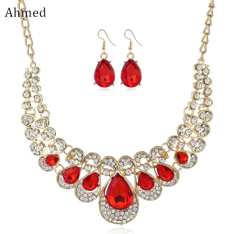 

Ahmed Luxury Big Crystal Water Pendant Necklace Earring Sets for Women Fashion Multilayer Rhinestone Dangle Jewelry Set Brinco