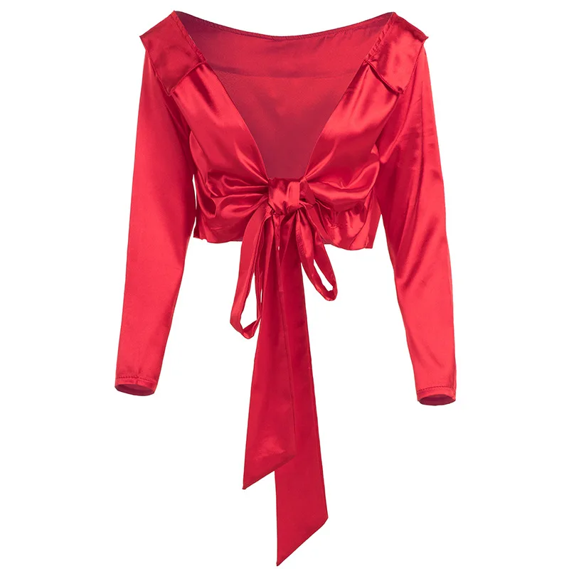 BKLD Женская атласная блузка с галстуком-бабочкой и v-образным вырезом, атласная рубашка, элегантный короткий топ с длинным рукавом,, модные женские топы и блузки