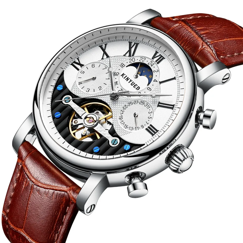 

KINYUED Men Watches Automatic Mechanical Watch Tourbillon Sport Clock Leather Casual Business Retro Wristwatch Relojes Hombre