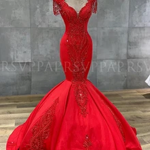 Длинные красные вечерние платья потрясающее платье-Русалка v-образный Вырез Аппликация из бисера Арабская, Дубай женские атласные вечерние платья