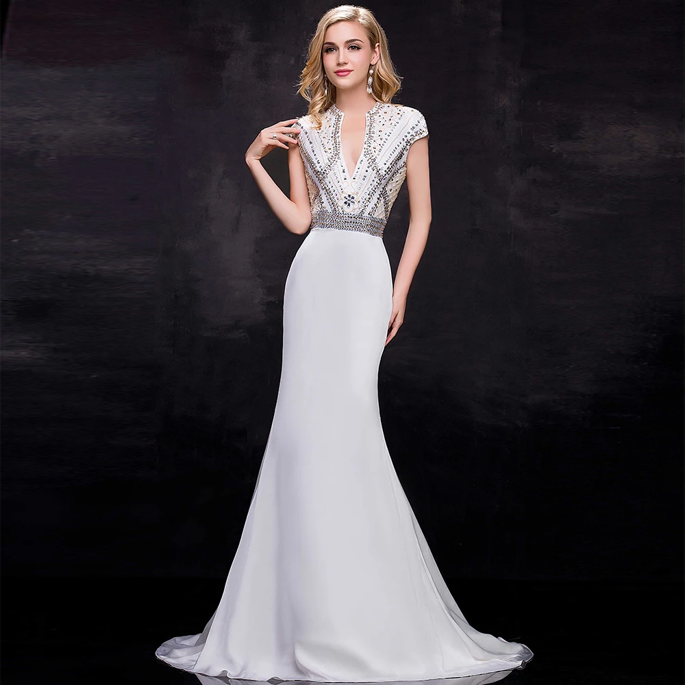 Wedding White Formal Gowns online get cheap white prom gown aliexpress com alibaba group real photo formal evening gowns dresses 2017 luxury beaded cap sleeves mermaid long dress
