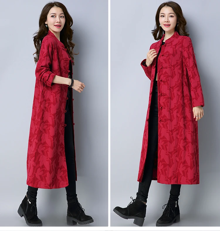 Весенне-осеннее Женское пальто новое длинное пальто для женщин с принтом в национальном стиле винтажное тонкое пальто размера плюс ветровка
