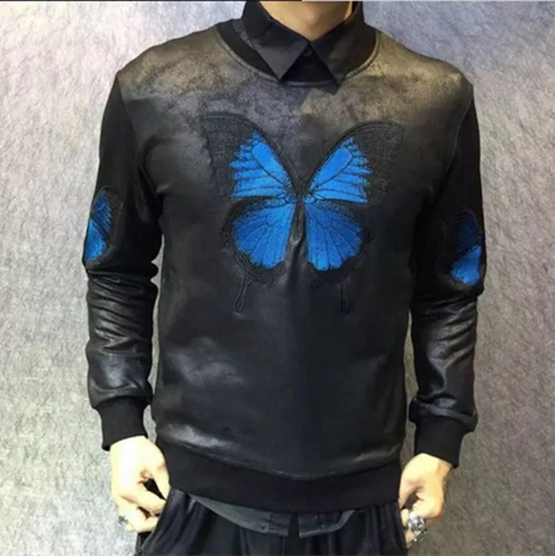 

Ink Original Spring Major Exquisite Personality Embroidery Butterfly Round Neck Man Pullover Thin sweatshirt