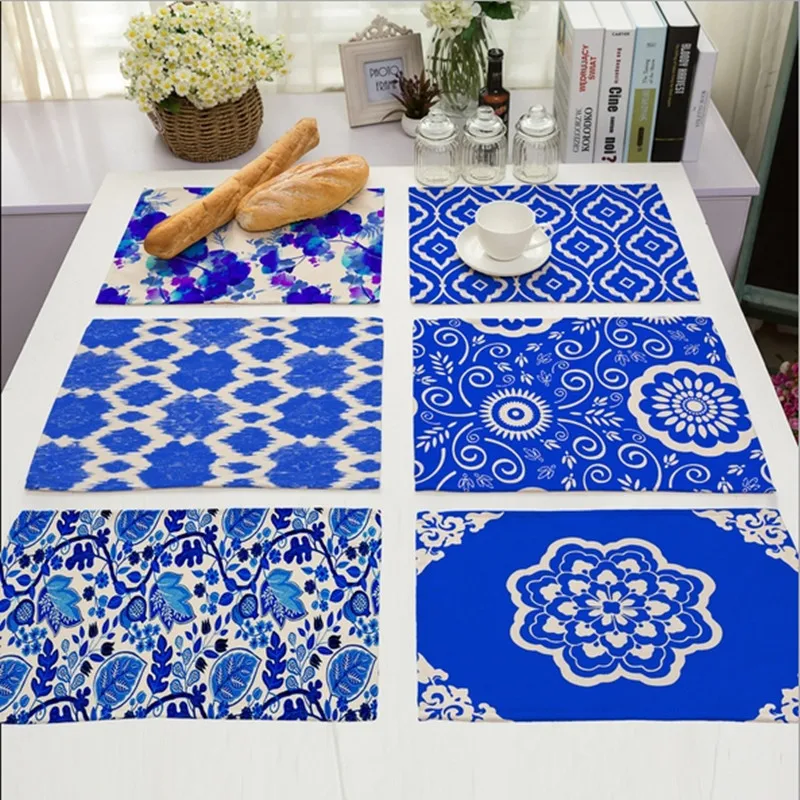 

Blue and white China Flower Placemat Cotton Linen Drawing Table Mat Dishware coasters For Dinner Accessories Cup Wine mat