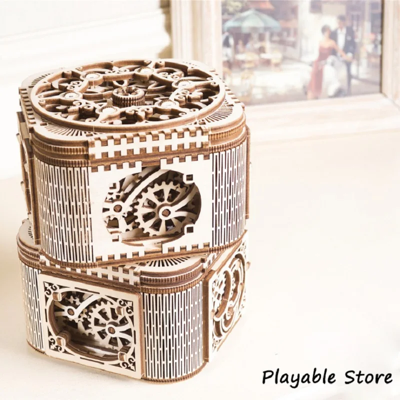 

Wooden Model Treasure Box DIY Hand-assembled Creative Toy Mechanical Transmission Marriage Jewelry Box or Birthday Gift Box