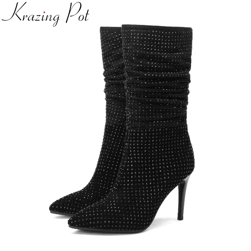 

Krazing Pot cow suede pointed toe bling crystal-studded rhinestone beading decoration elegant brand dating mid-calf boots L11