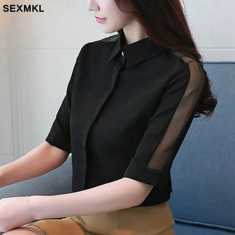 

SEXMKL Office Women Blouse 2019 Summer Chiffon White Blouses Black Top Ladies Elegant Short Sleeve Workwear Blouse Clothing XXL
