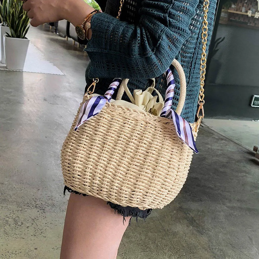 JHD Round straw messenger bag ladies vintage handmade handbag circle rattan bag boehmian beach