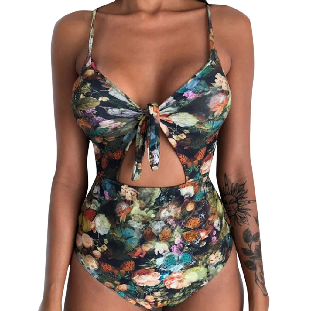

Bowknot Floral Print One Piece Swimsuit Plaid Hollow Padded Swimwear Women Swimsuit Bathing Suit Women Maillot De Bain Femme