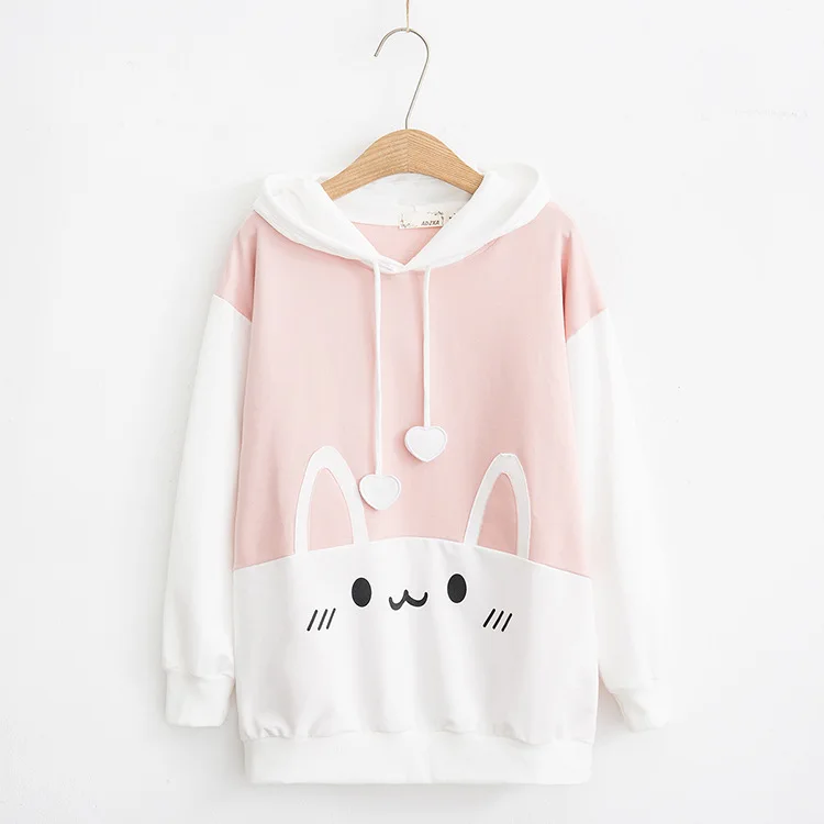Милый кролик женские белые толстовки kawaii заячьи уши милые графические кофты японский Harajuku милые девушки розовый синий пуловер