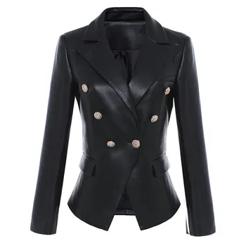 

2018 Euramerican New Fashion Autumn Winter High Quality Lion Head Double Breasted Office Lady Slim Fit Faux Leather Fur Suit