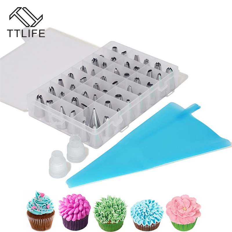 

TTLIFE 51pcs/set Stainless Steel Flower Icing Piping Nozzles + 1 Silicone Bag + 2 Converter Pastry Nozzles Tips Cake Decoration