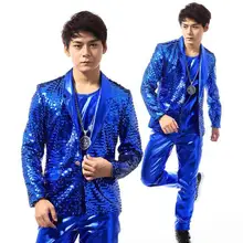 Личность Синий Блёстки этап 1 мода куртки мужские короткие пальто мужчины Куртки для мужчин комплекты одежды жилет и брюки