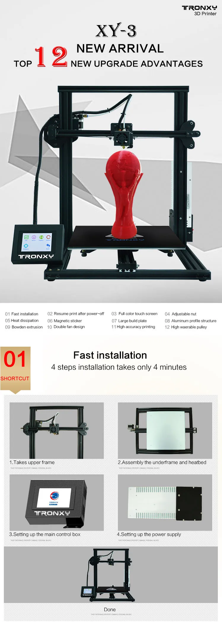 Tronxy новейший XY-3 3d принтер полностью Металлическая быстрая сборка Магнитная Тепловая бумага 310*310 Тепловая кровать 3,5 дюймов сенсорный экран 3D машина