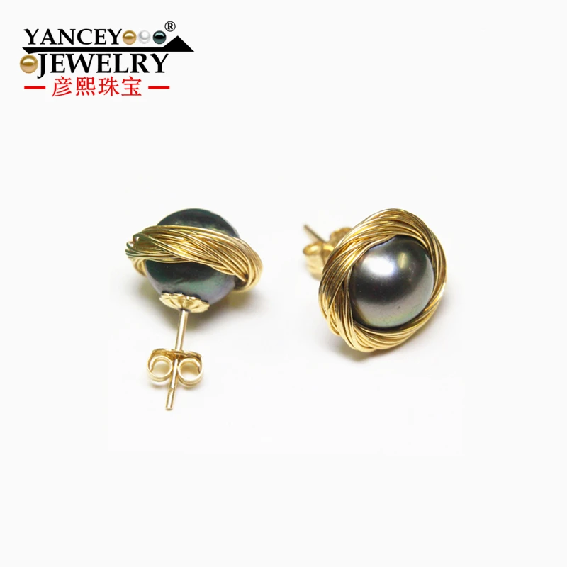 

YANCEY Original Design, Pure hand weaving Natural 10-11mm Freshwater Pearl 9K Gold Inlay Drop Earrings, The style of the goddess