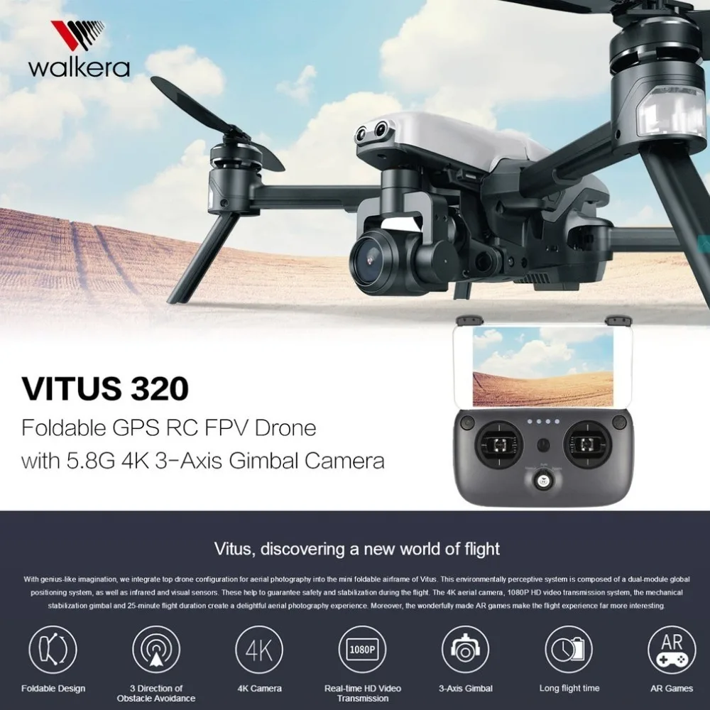 

Walkera VITUS 320 Folding 4K HD Camera 5.8G FPV RC Drone Quadcopter Aircraft with 3-Axis Gimbal GPS Obstacle Avoidance AR Games