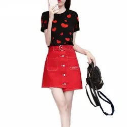 Heyezui 2018 комплект из двух предметов в полоску с короткими рукавами трикотажные топы + модная шифоновая юбка с принтом женщины из двух частей