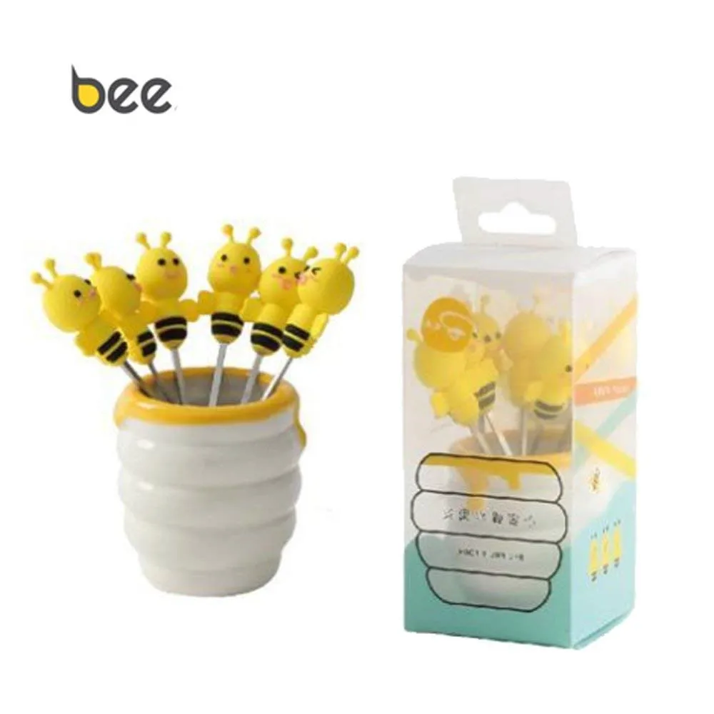 Cute Cartoon Salad Forks Mini Dessert Fruit Forks Holder Stainless Steel with A Holder Silicone Handle Cake Food Pick Fork Set 6 Pcs for Home and Restaurant (Bee)08