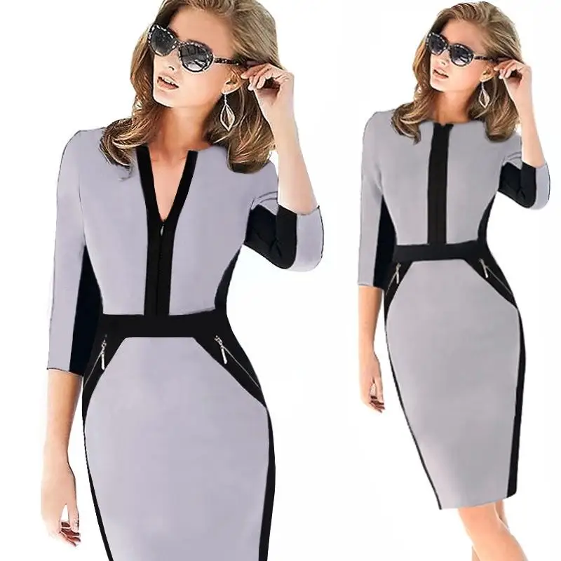 Plus Size Front Zipper Women Work Wear Elegant Stretch Dress