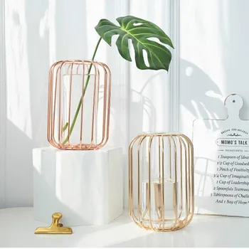 

Nordic ins Lantern-shaped Wrought Iron Vase Glass Gold Plated Iron Flower Vase Tabletop Vase Flower Pot Home Wedding Decoration