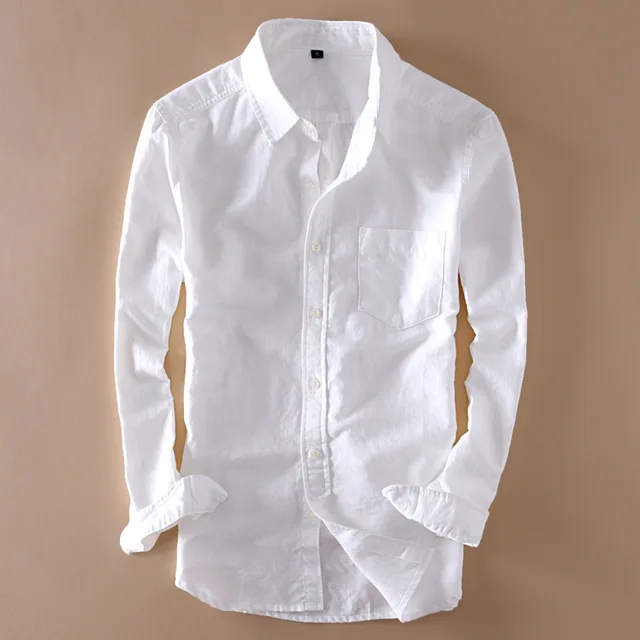 Elegant Mens Long Sleeve White Linen Shirt Slim Fit Turn down Collar ...