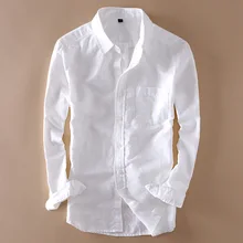 Camisas de linho brancas elegantes dos homens da luva longa da volta-para baixo colarinho magro ajuste solto macio respirável vestuário camisas de linho de algodão S-XXXL
