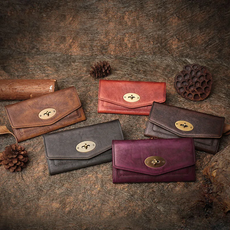 

Handmade Genuine Leather Women Clutch Bag ID Credit Card Cash Holder Purse Vintage Cowhide Money Long Wallets for Ladies
