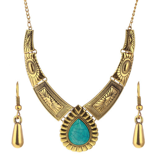 Gold Jewelry Set Choker Necklace Collar Earrings Set Natural Blue Stone Beads African Jewelry Sets For Women