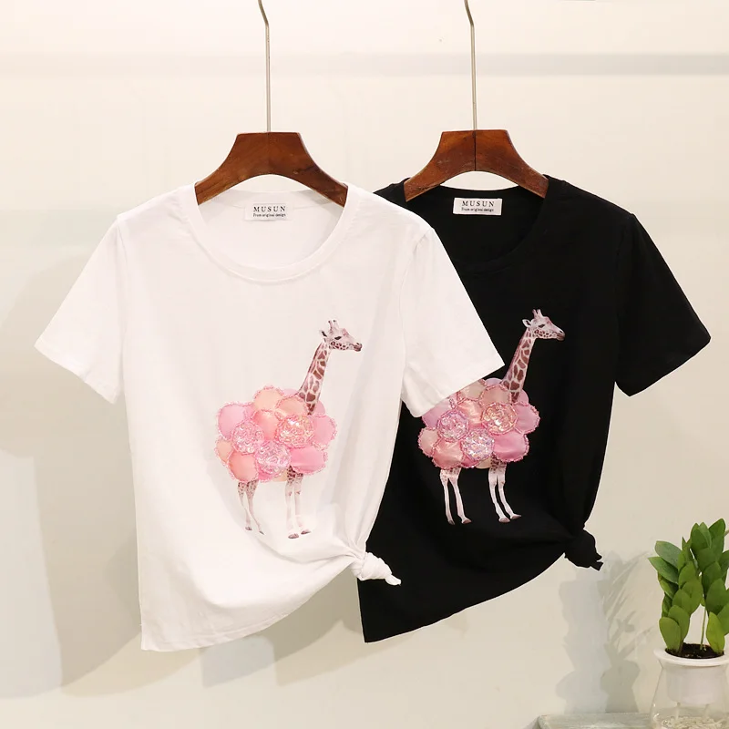 

Summer 2009 New Nail Pearl Sequin Giraffe Printed Short-sleeved T-shirt