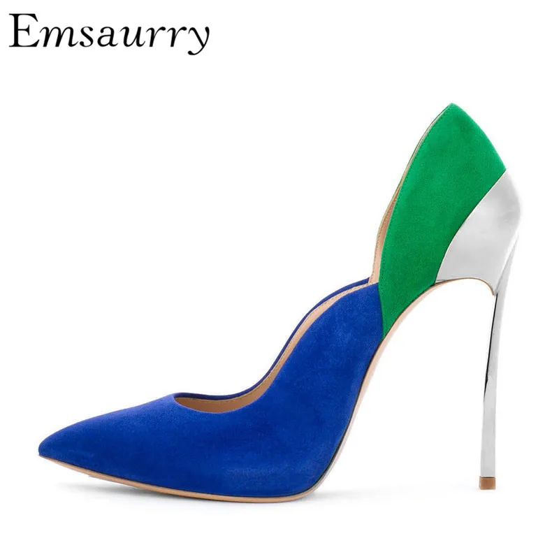 

12cm Super High Heel Pumps Women Metal Stiletto Heel Pointy Toes Blue Green Suede Patchwork Fashion Catwalk High Heels Women