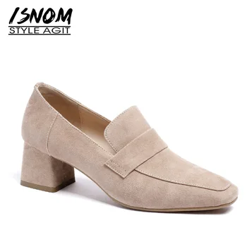 

ISNOM Kid Suede Pumps Women Square Toe Footwear Thick High Heels Shoes Female Fashion Slip On Shoes Woman Spring 2019 New