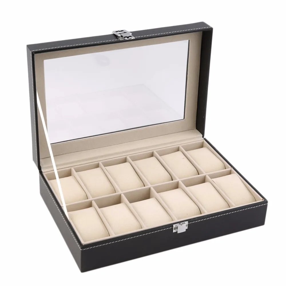 

12 Slots Grid PU Glass Leather Watch Box Display Box Jewelry Storage Organizer Case Locked Boxes saat kutusu caixa para relogio