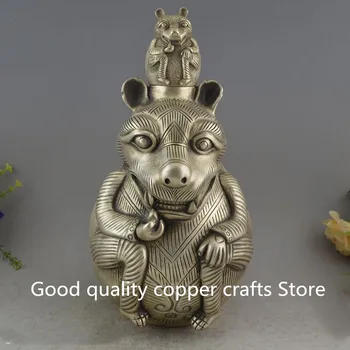 

China collection archaize white copper Squirrel Wine Pot craft statue