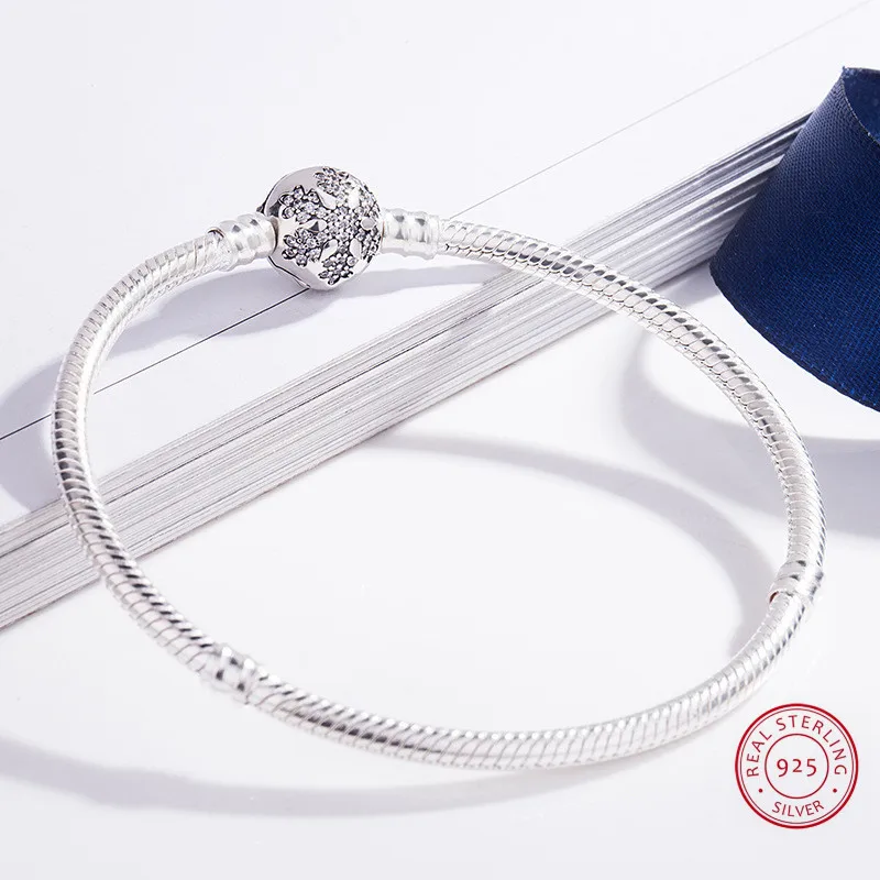

Authentic 925 Sterling Silver Snake Chain Classic Snowflake Bracelets & Bangle Fit Women Charm Wedding Band Jewelry Gifts