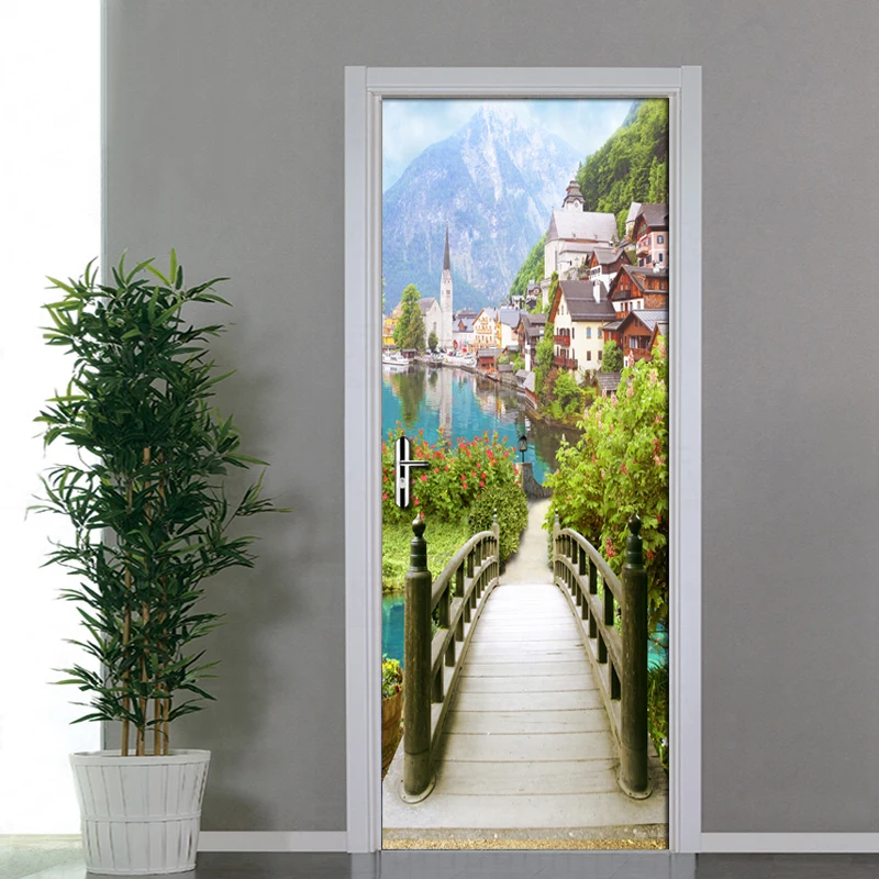 European Wooden Bridge Ancient Town Scenery Door Stickers 3D Wallpaper Living Room Bedroom PVC Waterproof Door Stickers 3D Mural european gate guard against theft key handle lock high top villa exquisite carved double open wooden door zinc alloy bronze pull