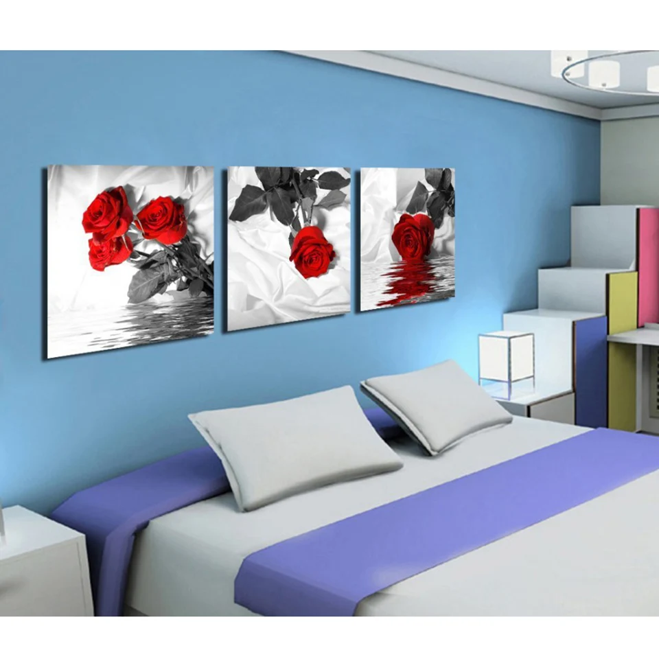 

Modular Picture Large Canvas Framework Painting Wall Art 3 Pieces Rose Flower Printed For Bedroom Living Room Home Decor