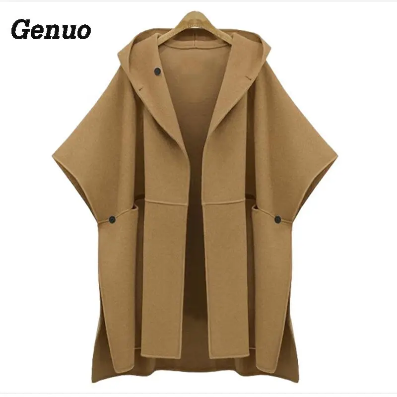 

Women Winter Batwing Cape Poncho Cardigan Woolen Coats Casual Loose Overcoat Hooded Collar Long Sleeve Cloak Coat Capes Jacket