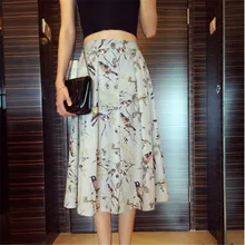 Bird Pattern Printing Single Breasted High Waist Long Maxi Skirts Women Summer New Style A Line skirt,jupe Femme Skirt TT1151