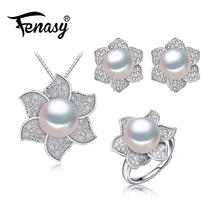 Fenasy натуральный пресноводный жемчуг ювелирные наборы 925 стерлингового серебра ожерелье для женщин большой цветок серьги кольцо Свадебные украшения
