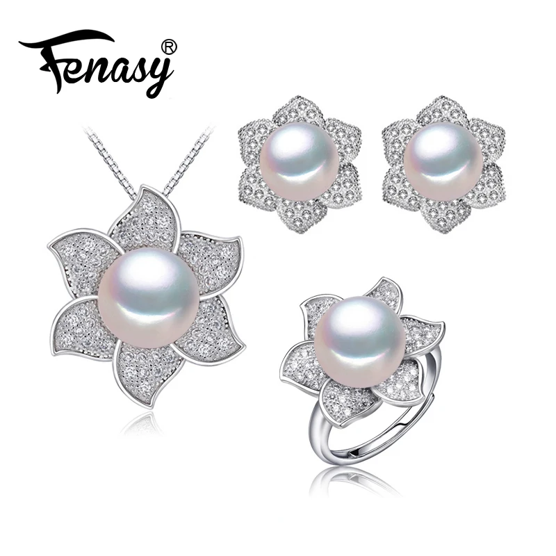 

FENASY natural freshwater Pearl Jewelry sets 925 sterling silver necklace for Women big flower earrings ring wedding jewelry