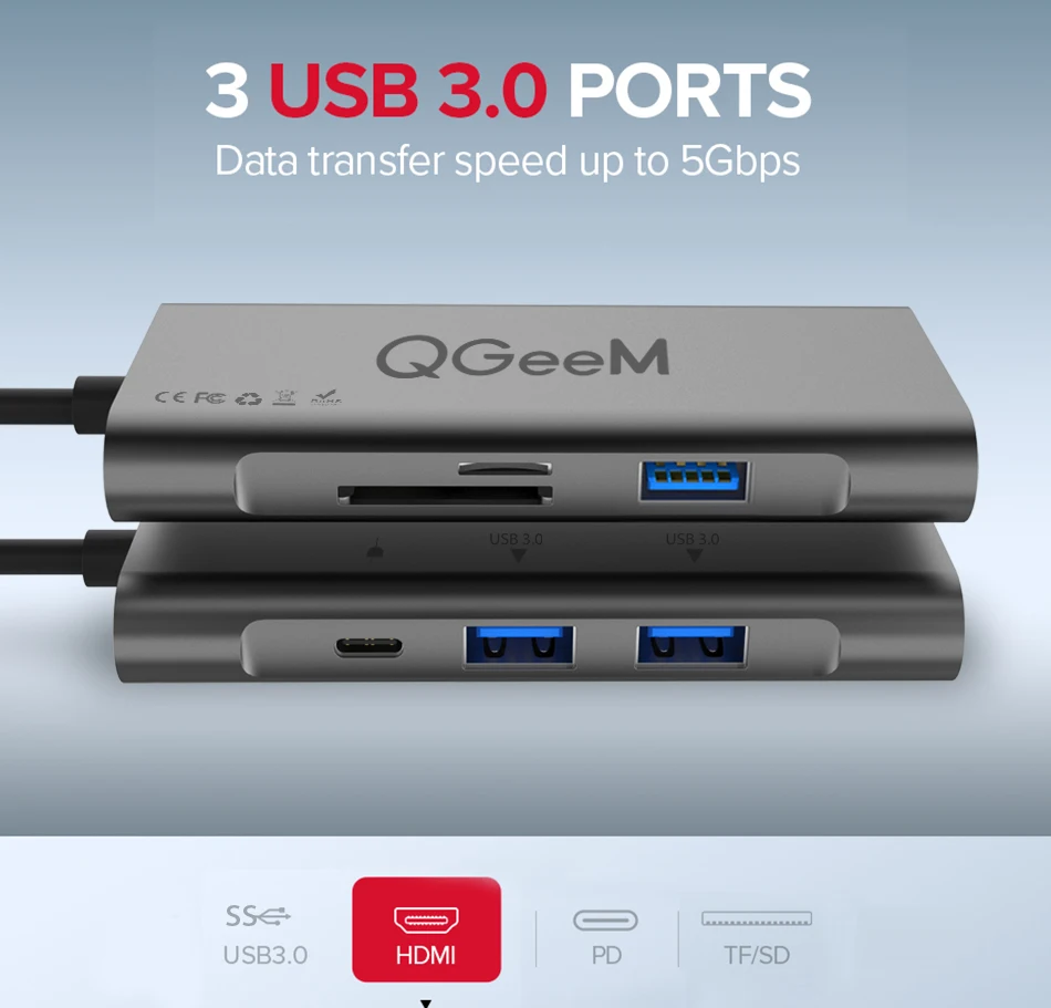 QGeeM 7в1 USB C концентратор huawei P20 mate 20 Pro type C usb-хаб USB-C до 3.0Hub HDMI кардридер Thunderbolt3 адаптер для MacBook Pro