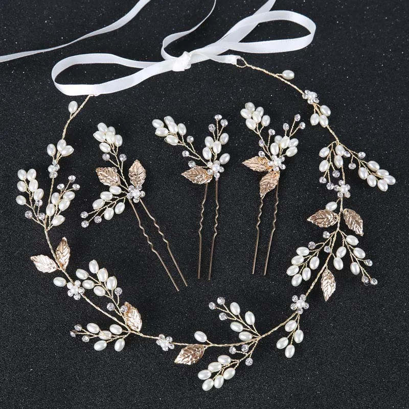 

FORSEVEN Fashion Golden Leaf Pearl Flower Bride Headband Rhinestones Hairpin Bridal Wedding Headpiece Hair Stick Ornaments Set