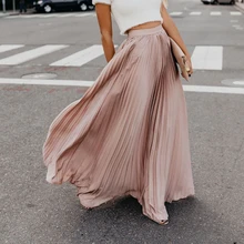 Сплошной цвет, длина до пола, женское шифоновое стрейчевое Макси-платье с высокой талией, расклешенное плиссированное платье с коротким и широким подолом, длинная юбка, Jupe Femme, Новинка
