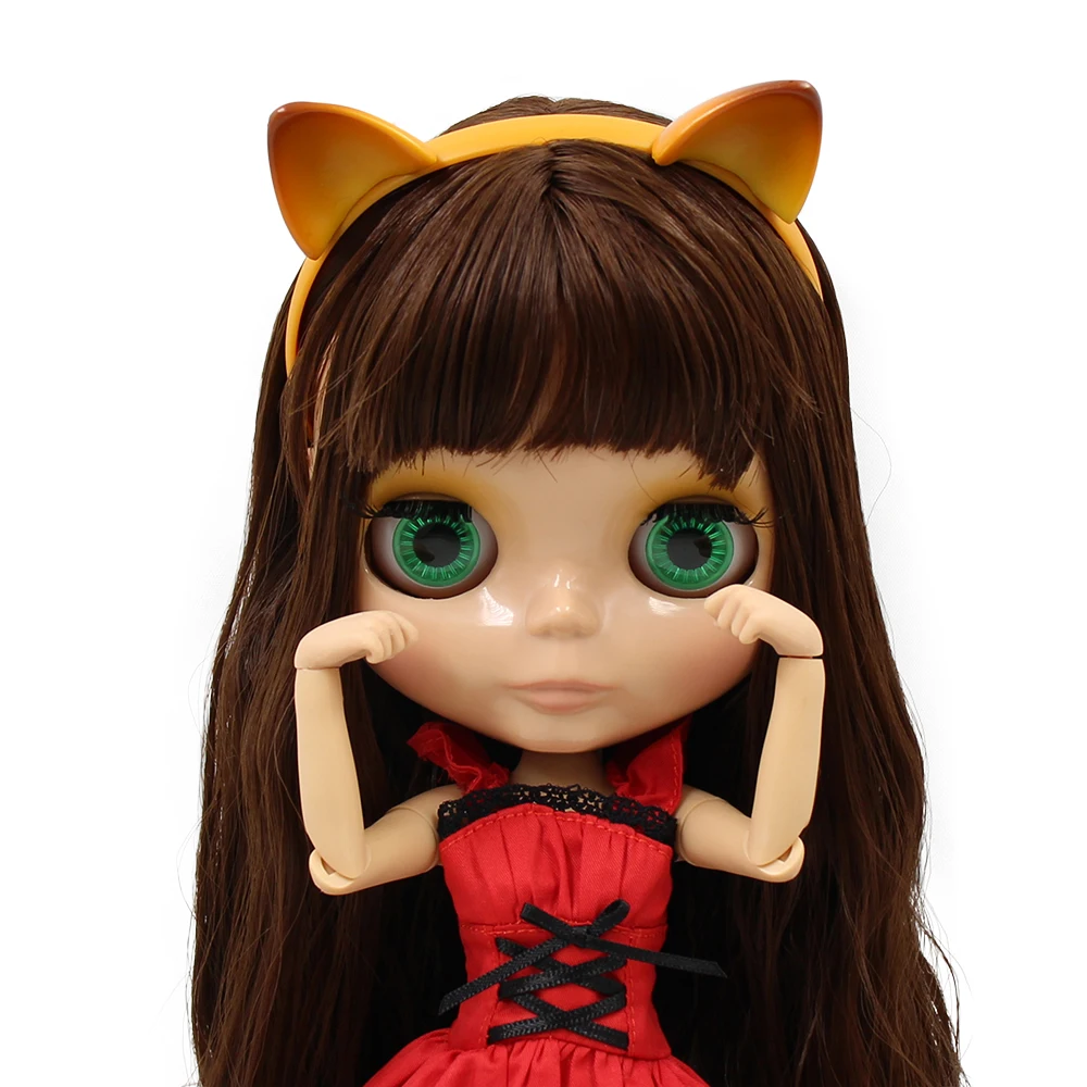 1/6 фабричная кукла blyth, игрушка из коричневых волос с челкой, загорелая кожа, повязка на голову для кошки, красное платье, обувь для кошки, комбинация 1/6, 30 см