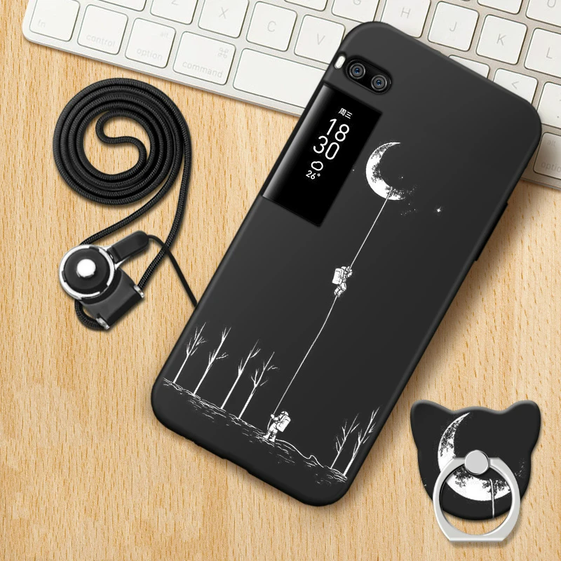 

For MEIZU PRO 7 Case Cute Style Black Frame Cartoon Painted Phone Shell Cover Case For meizu pro 7 with rope holder stand#001