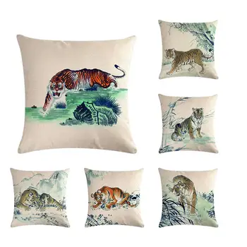 

Chinese Ink Painting Monutain Tiger Cushion Cover Vintage Home Cafe Decorative Cotton Linen Pillow Case For Sofa Couch ZY386
