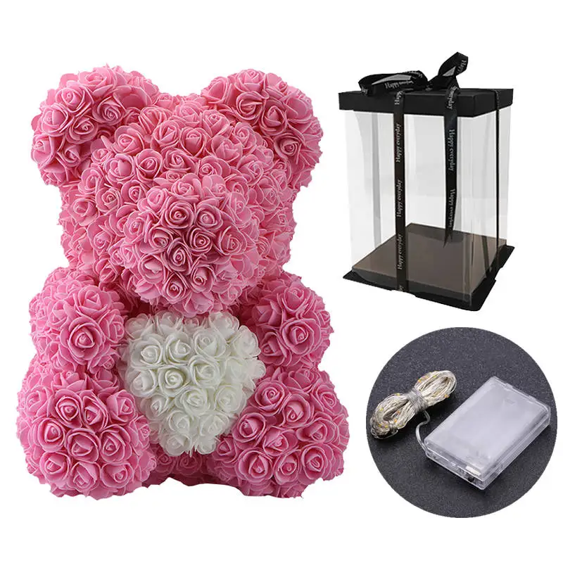 Романтическая Подарочная коробка на День святого Валентина, ПЭ, розовый медведь, искусственные украшения с розами, милый мультфильм, подарок для девочки - Цвет: 40cm pink led box