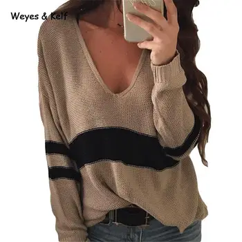 

Weyes & Kelf V-neck Striped Loose Women Sweaters And Pullovers 2018 Autumn Winter Long Pullover Women Pull Femme