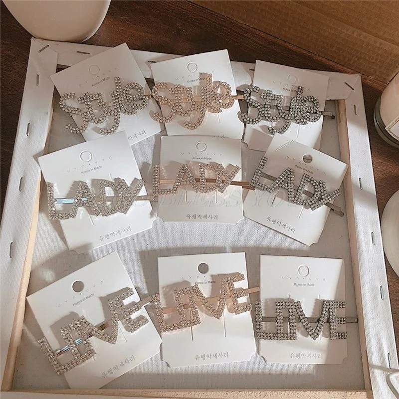 

Women Shimmer Rhinestone Capital Letters Hairpins Style Love Lady Hair Styling One Word Clips Boutique Decorative Large Barrette